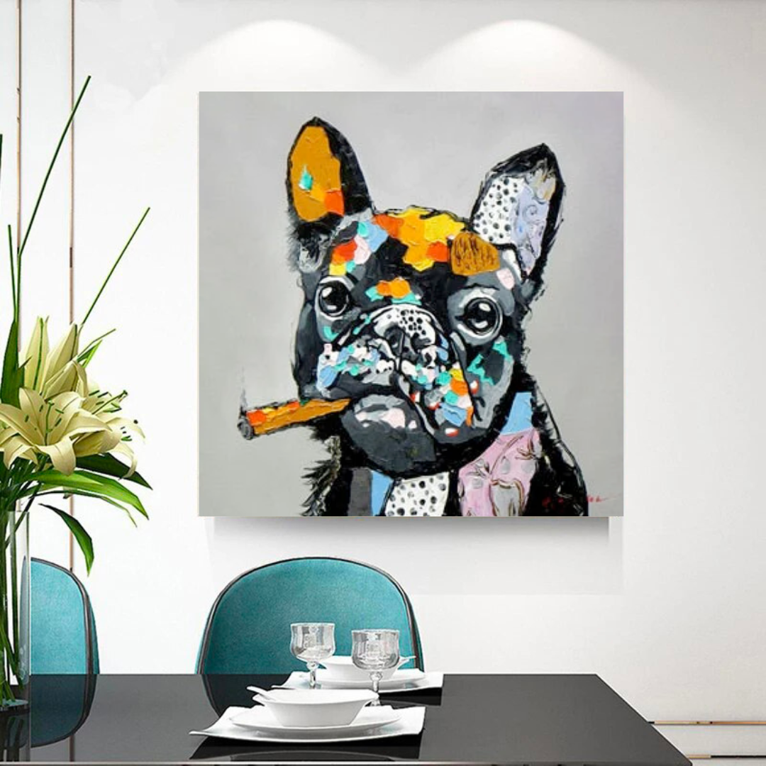 Kunstdruck auf Leinwand, Motiv: Hund jubelt, rauchende Bulldogge