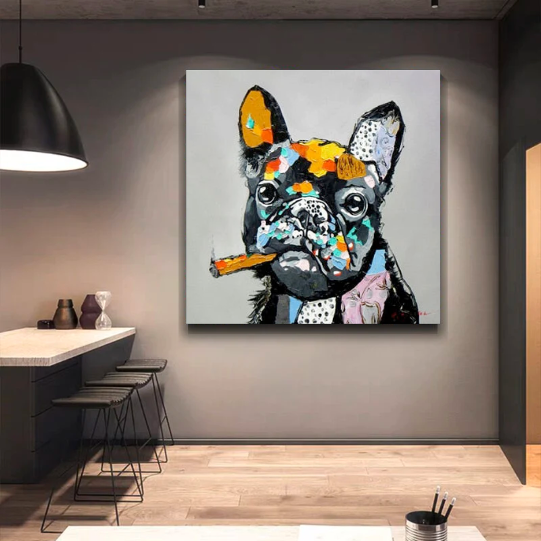 Kunstdruck auf Leinwand, Motiv: Hund jubelt, rauchende Bulldogge