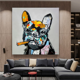 Kunstdruck auf Leinwand, Motiv: Hund jubelt, rauchende Bulldogge