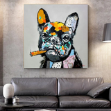 Kunstdruck auf Leinwand, Motiv: Hund jubelt, rauchende Bulldogge