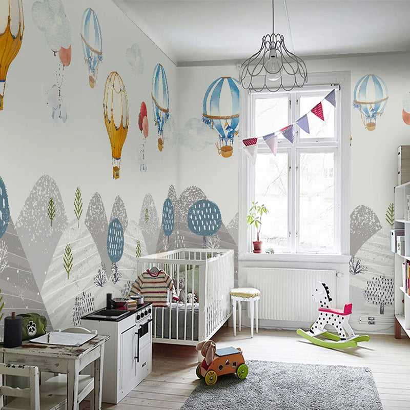 Elephants Hanging from Air Balloons: Kids Nursery Wallpaper