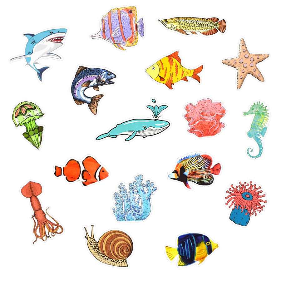 50 PCS Sea Fishes Animal Stickers Ocean World Plants Coral Jellyfish Cute Cartoon Waterproof Sticker Kids DIY Scrapbook Decals