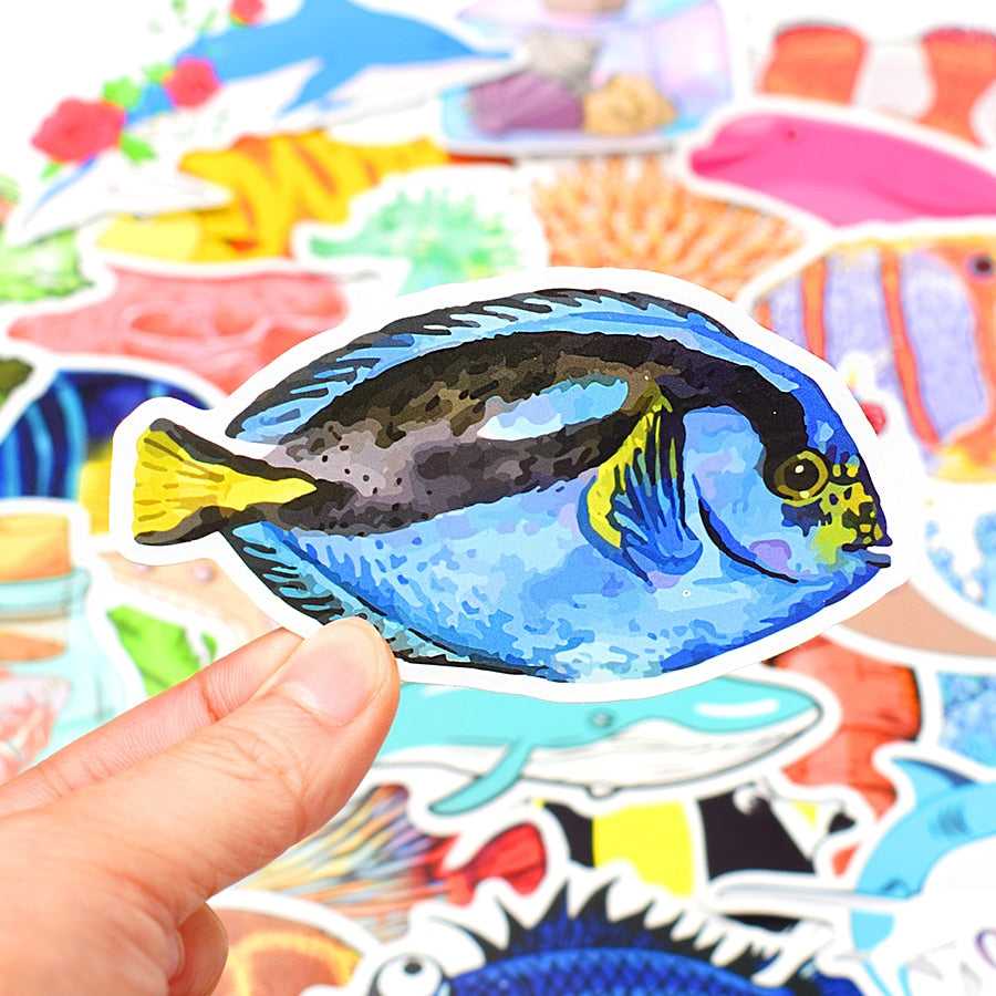 50 PCS Sea Fishes Animal Stickers Ocean World Plants Coral Jellyfish Cute Cartoon Waterproof Sticker Kids DIY Scrapbook Decals