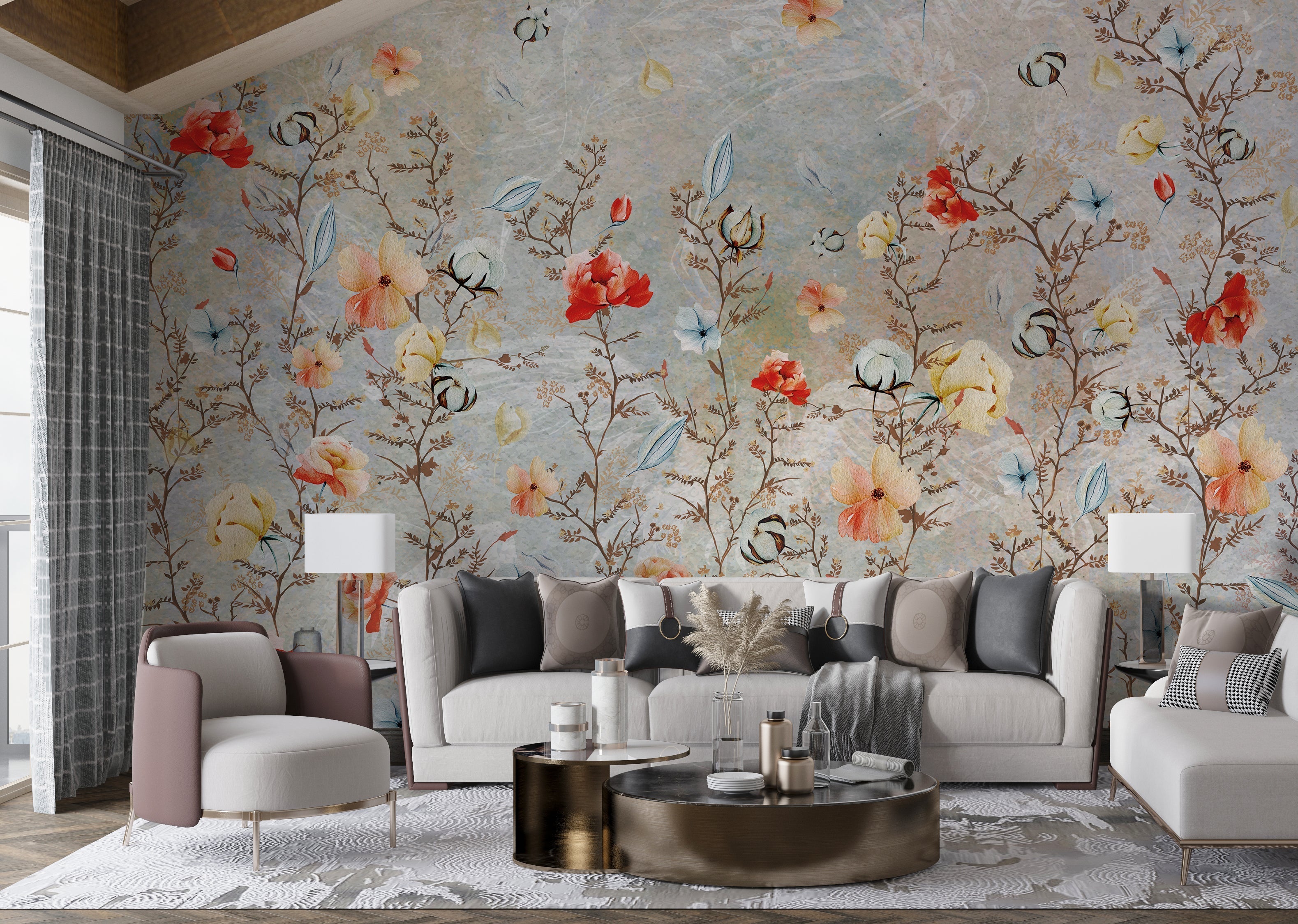 Floral Elegance: Living Room Wallpaper Mural