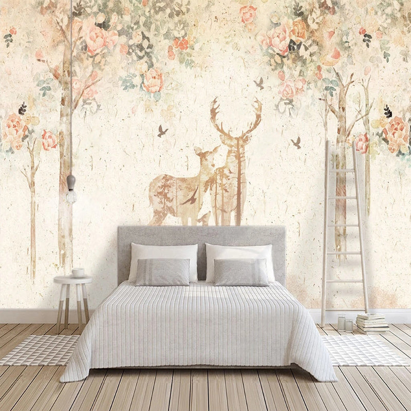 Floral Meadow with Deer - Nature-Inspired Wallpaper