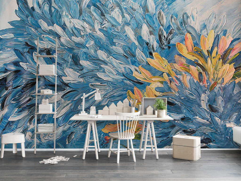 Floral Painting Blue & Gold Wallpaper Murals