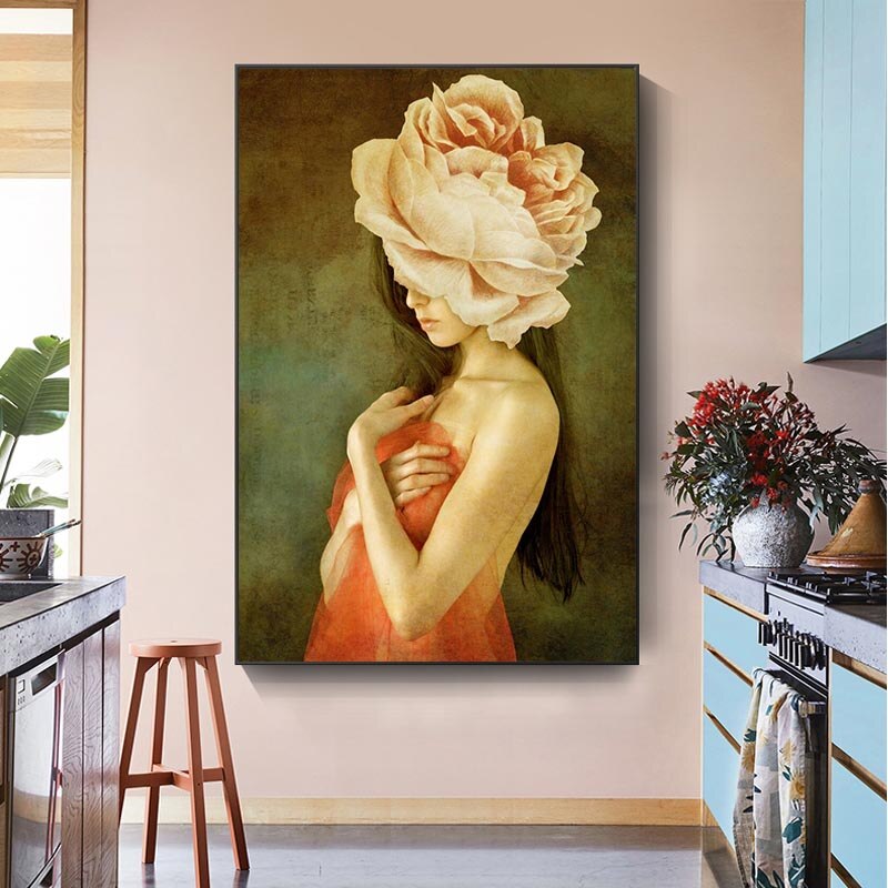 Flower Woman Canvas Wall Art - Head Design