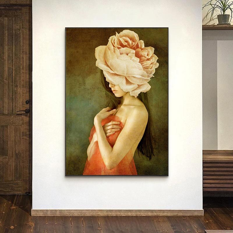 Flower Woman Canvas Wall Art - Head Design