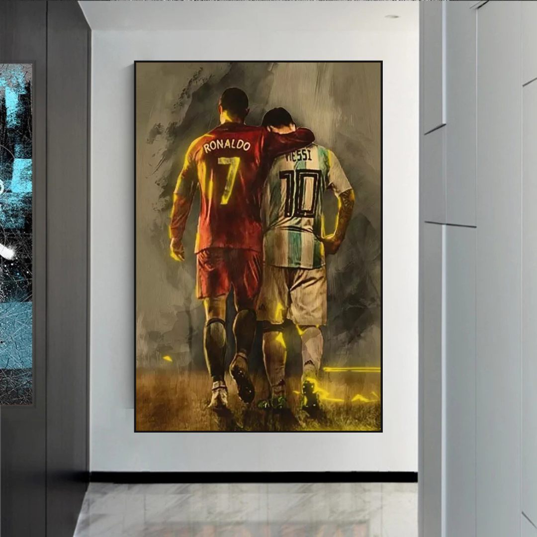 Leinwand-Wandkunst mit den Fußballstars Ronaldo und Messi 