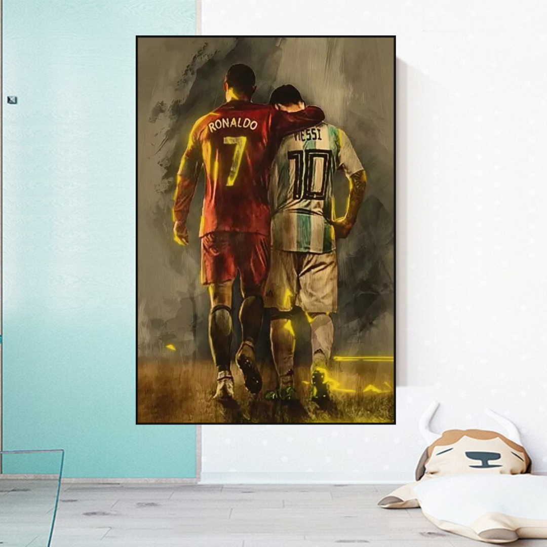 Leinwand-Wandkunst mit den Fußballstars Ronaldo und Messi 