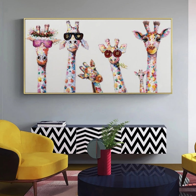 Funny Art Giraffe Family Canvas Wall Art