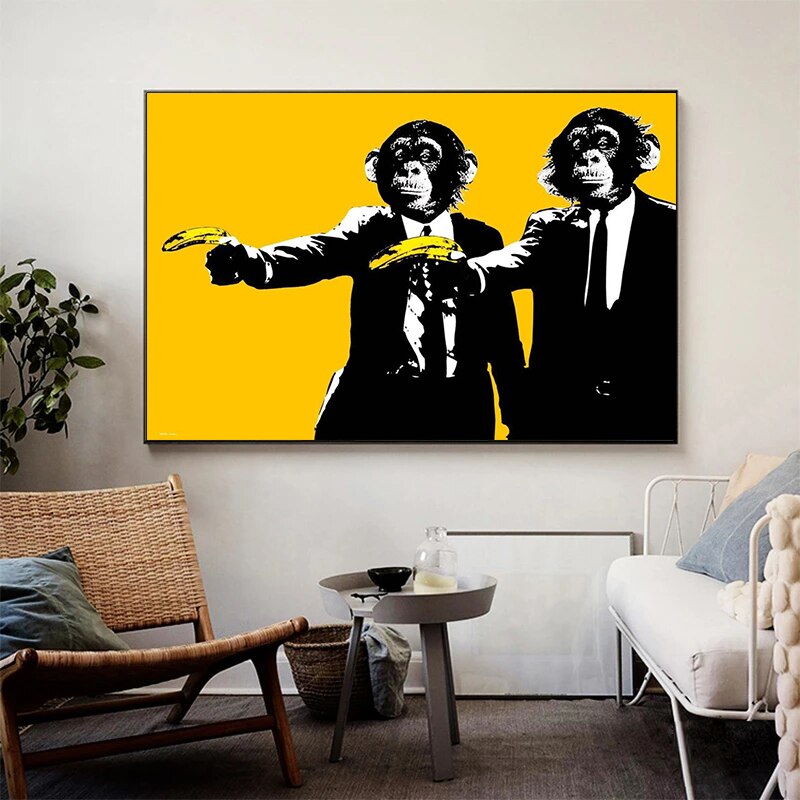 Funny Art Monkey Holding Banana Canvas Wall Art