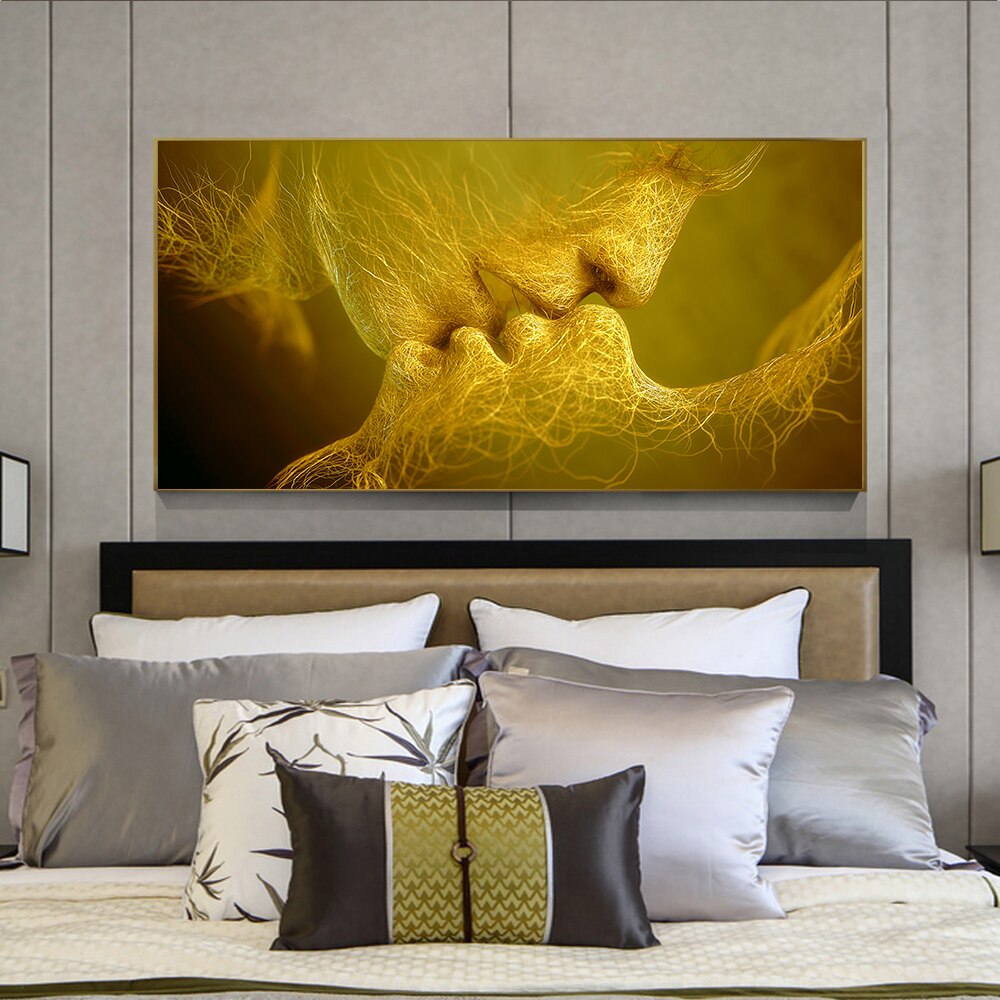 Golden And Black Love Kiss Lips Canvas Wall Art