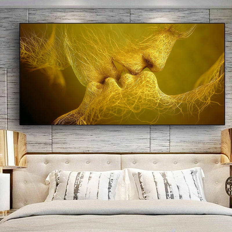 Golden And Black Love Kiss Lips Canvas Wall Art