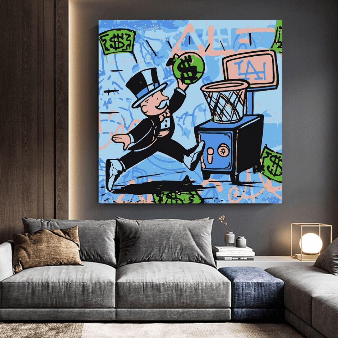 Graffiti Art Love Heart Panier d'argent Monopoly Faire de l'argent Art mural sur toile