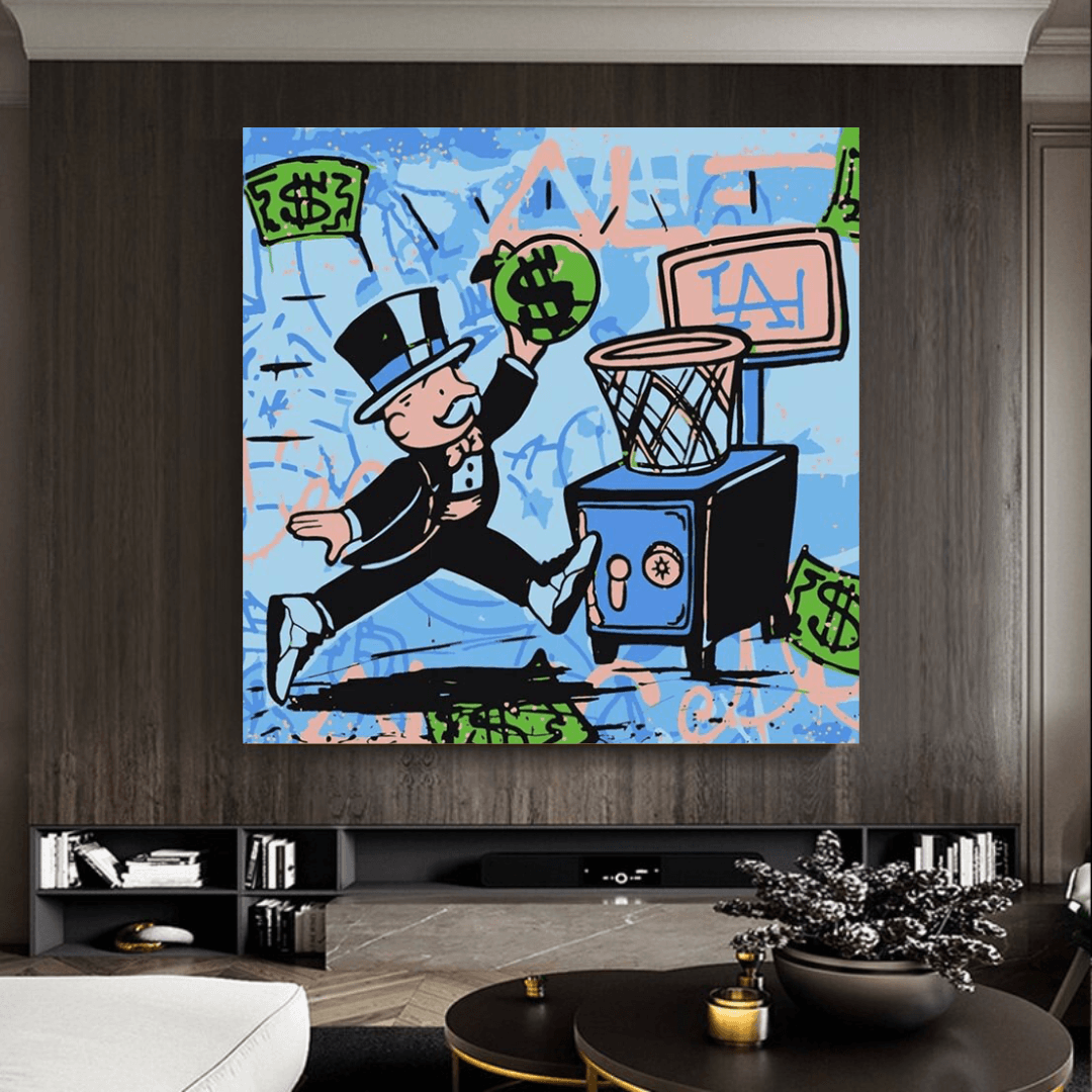 Graffiti Art Love Heart Panier d'argent Monopoly Faire de l'argent Art mural sur toile