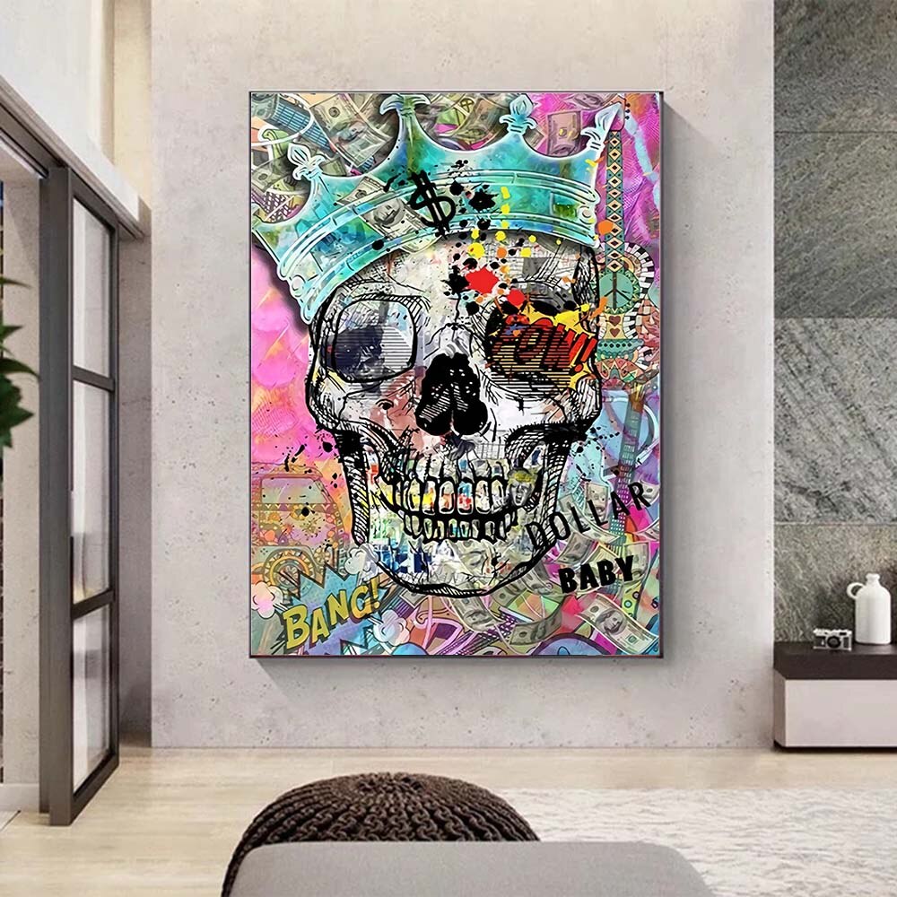 Graffiti Colourful Skulls with Crown Canvas Wall Art