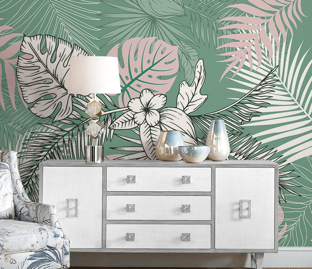 Green Sketch Floral Leaves Wallpaper Mural