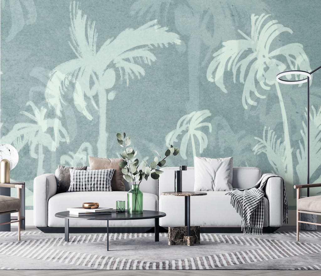 Green Sketch Trace Tree - Coconut Tree Wallpaper Murals