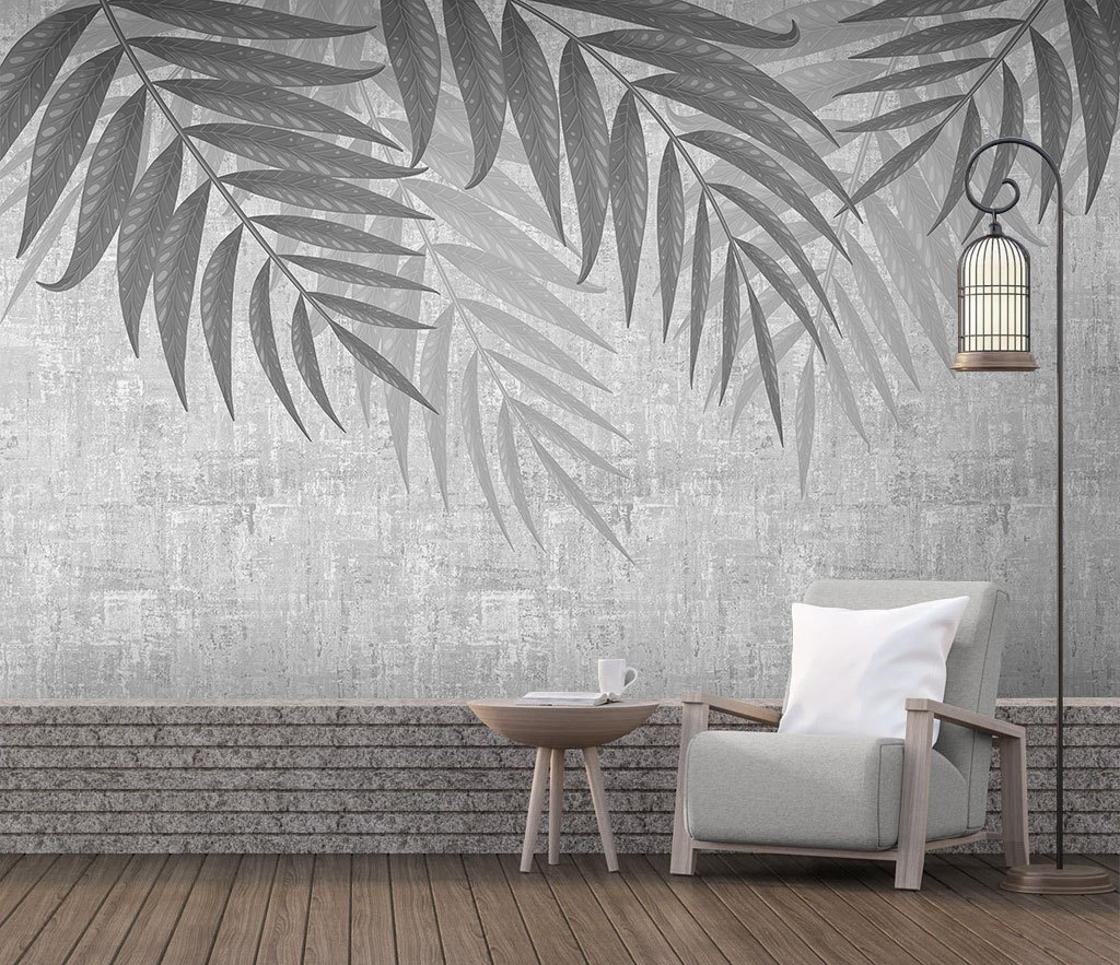 Grey Scenic Leaves Wallpaper Mural