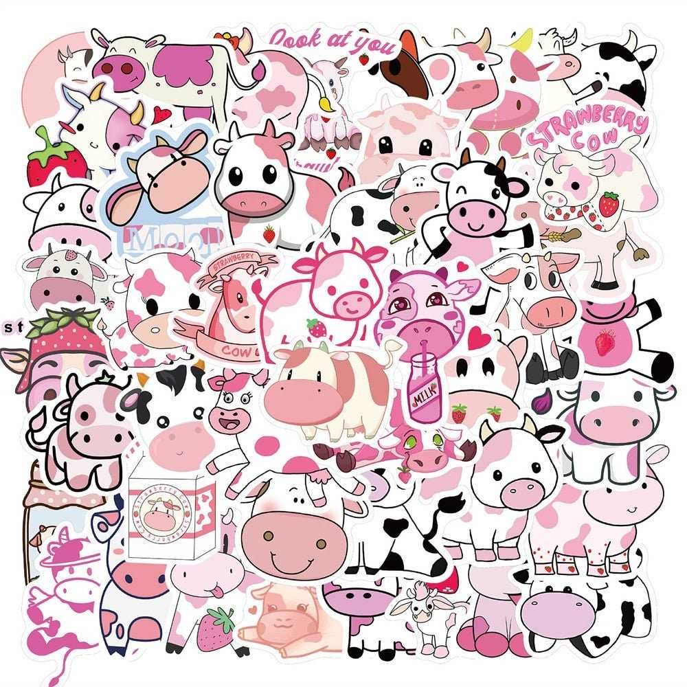 Pink Cow Graffiti Waterproof Sticker Suitcase Notebook Mobile Phone Refrigerator Children WaterCup Helmet