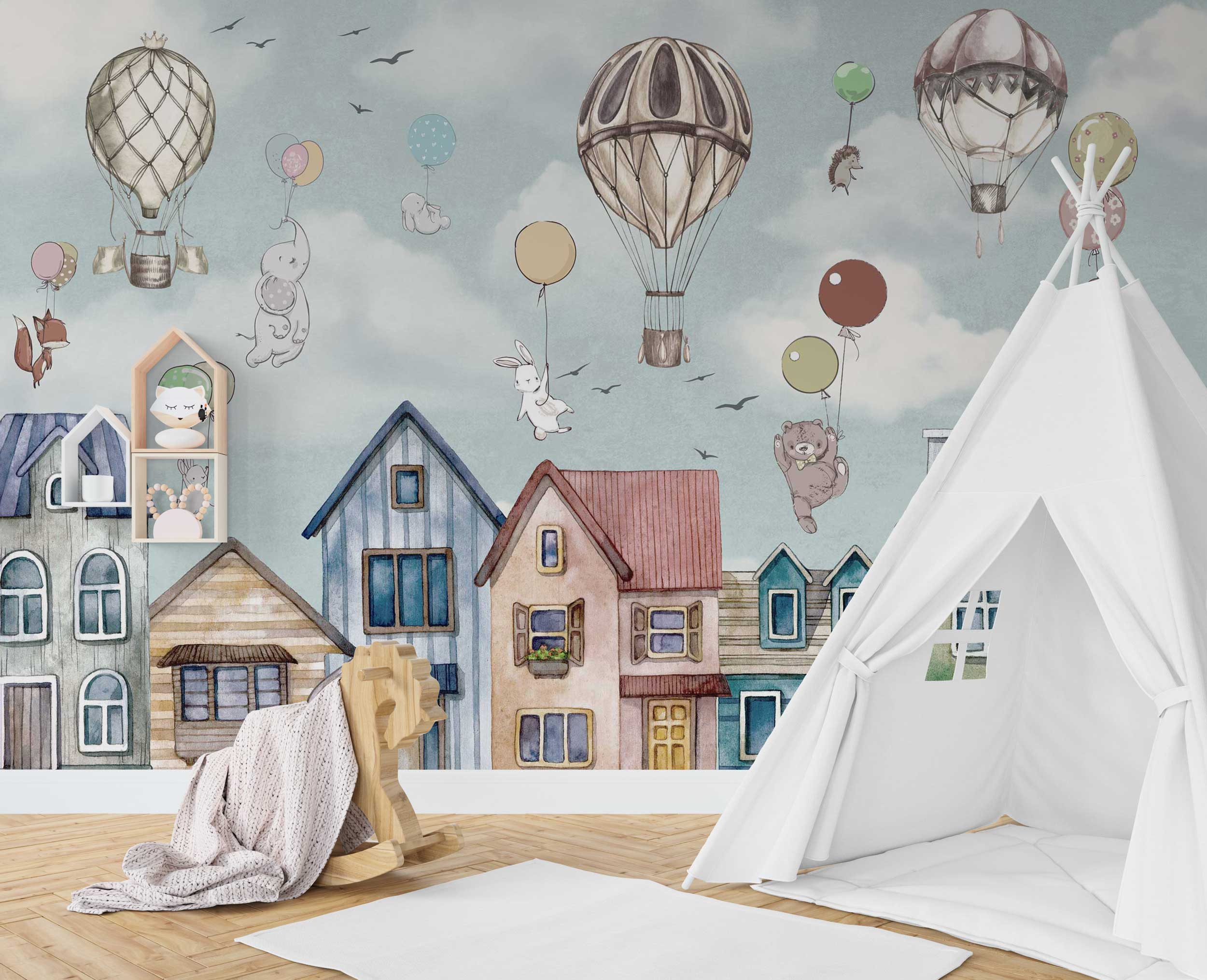 Animals on Balloon - Kids Room Wallpaper Mural