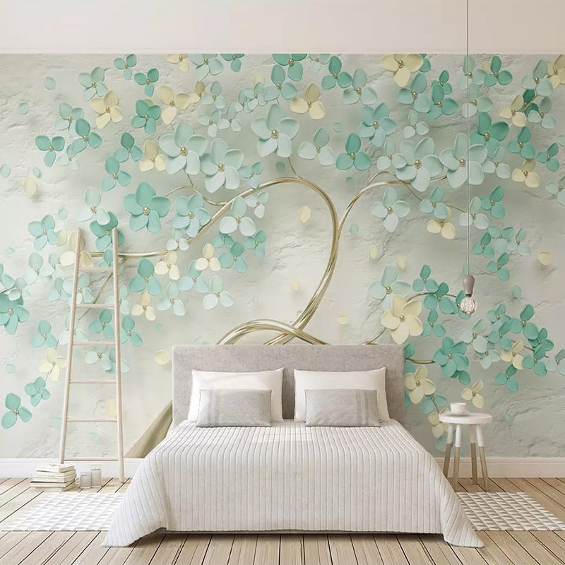 Liven Up Your Living Room with Flowers on Tree Wallpaper