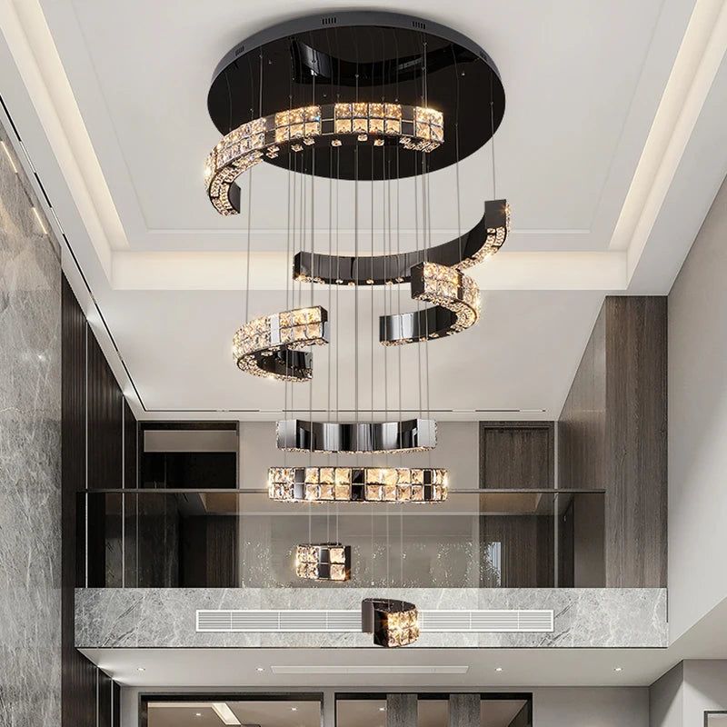 Mirror Black Crystal Staircase Chandelier