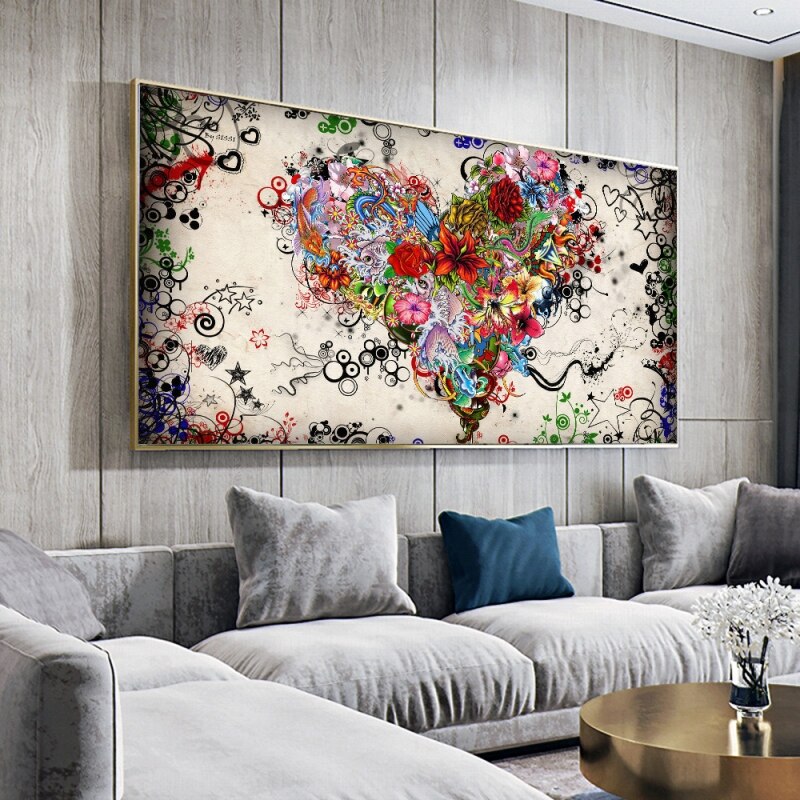 Moderne Kunst, farbenfrohe Herz-Blumen-Leinwand-Wandkunst