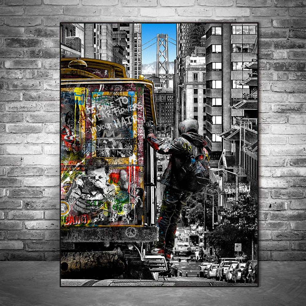 Modern Graffiti Art Catching Bus Tram Canvas Wall Art