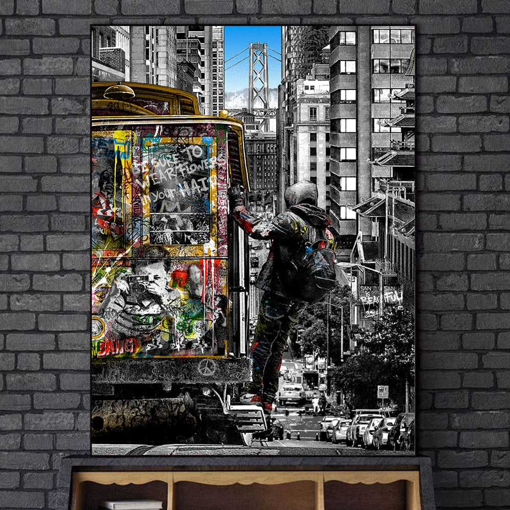 Modern Graffiti Art Catching Bus Tram Canvas Wall Art