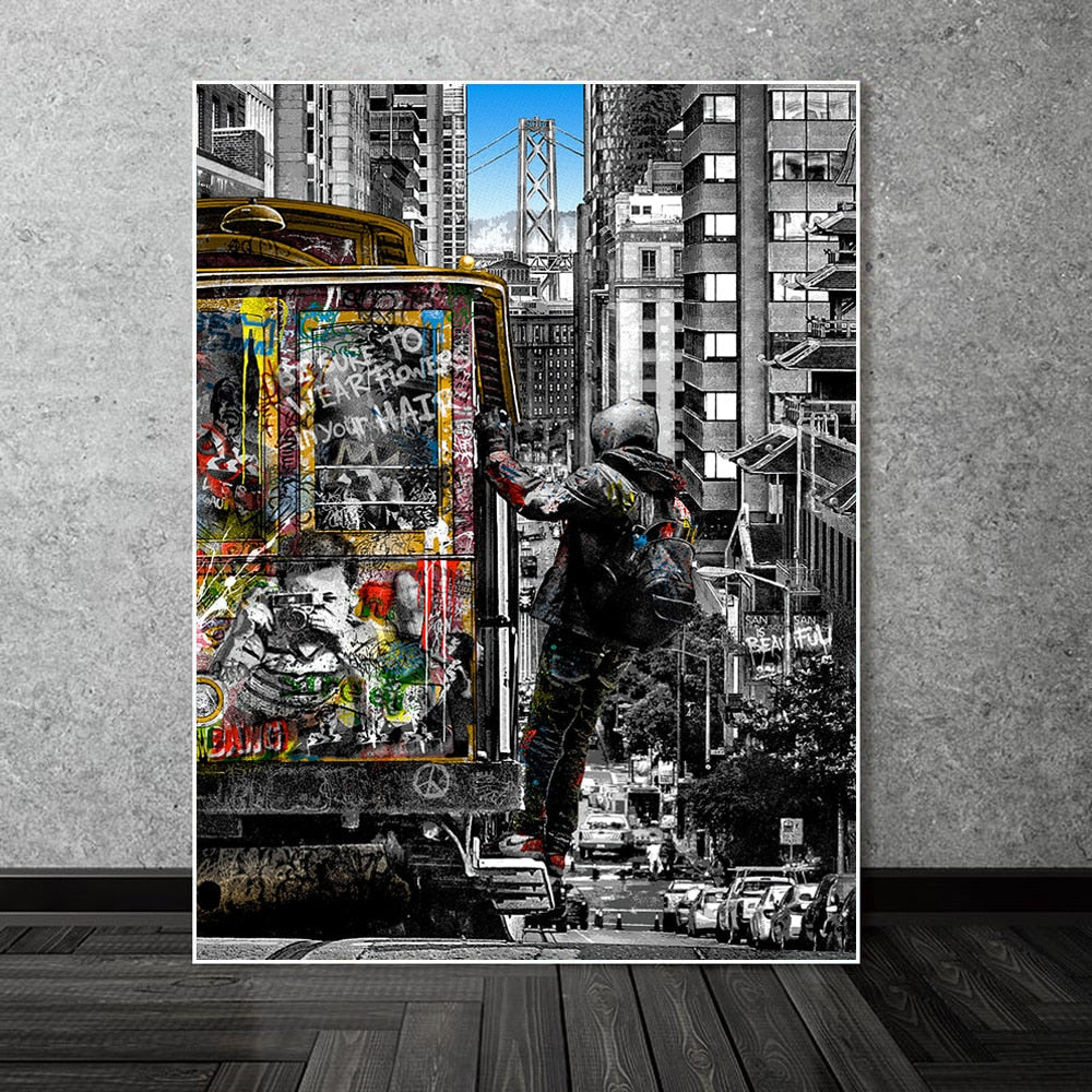 Modern Graffiti Art Catching Bus Tram Canvas Wall Art