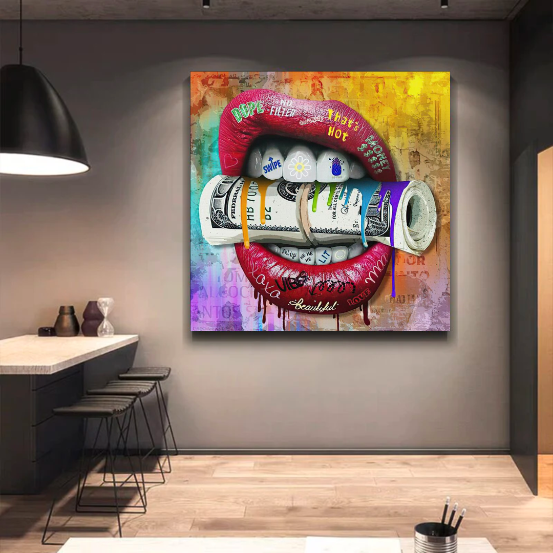 Geld-Lippen-Graffiti-Leinwand-Wandkunst