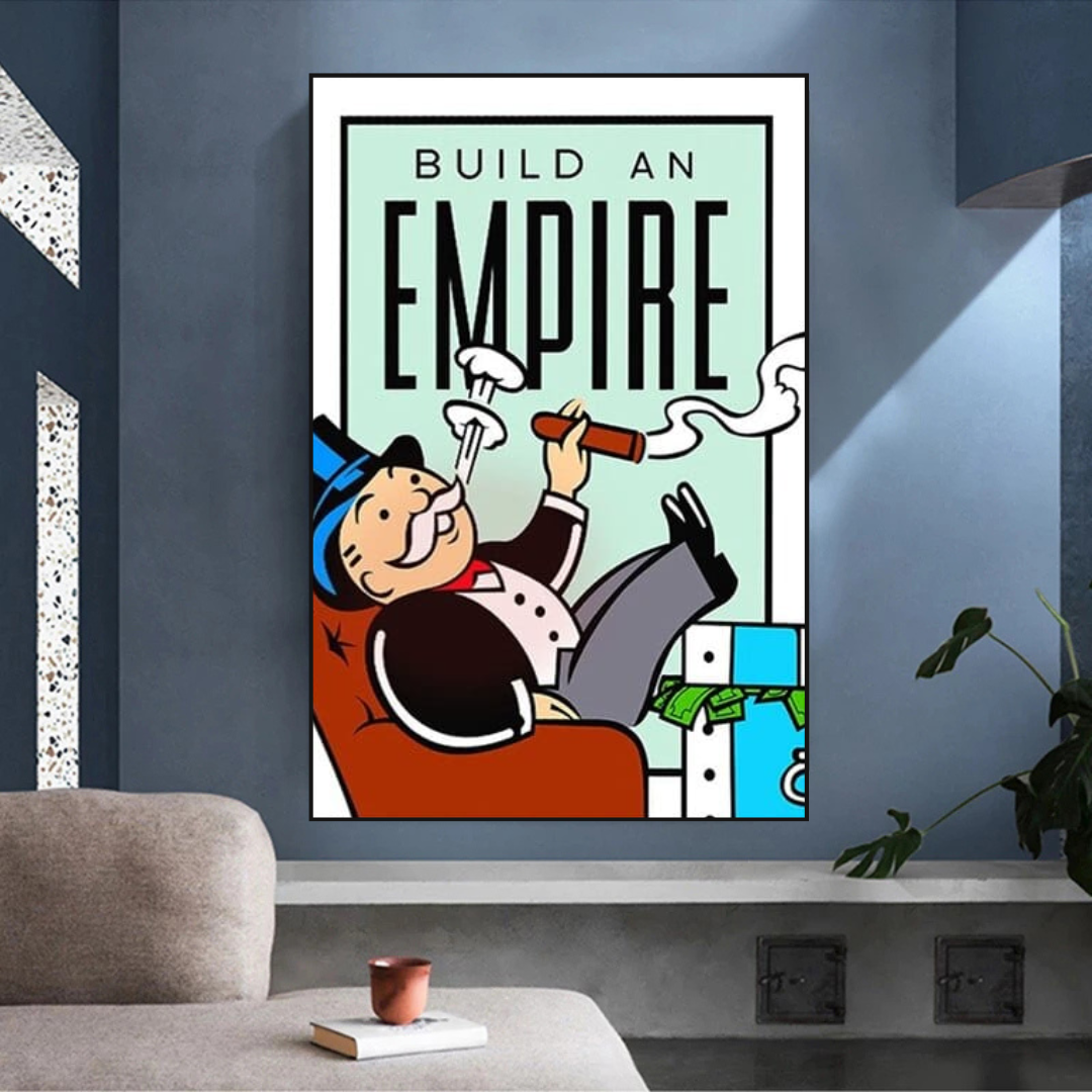 Leinwand-Wandkunst mit Monopoly-Karte „Build an Empire“.