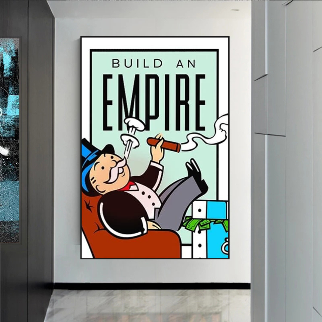 Leinwand-Wandkunst mit Monopoly-Karte „Build an Empire“.