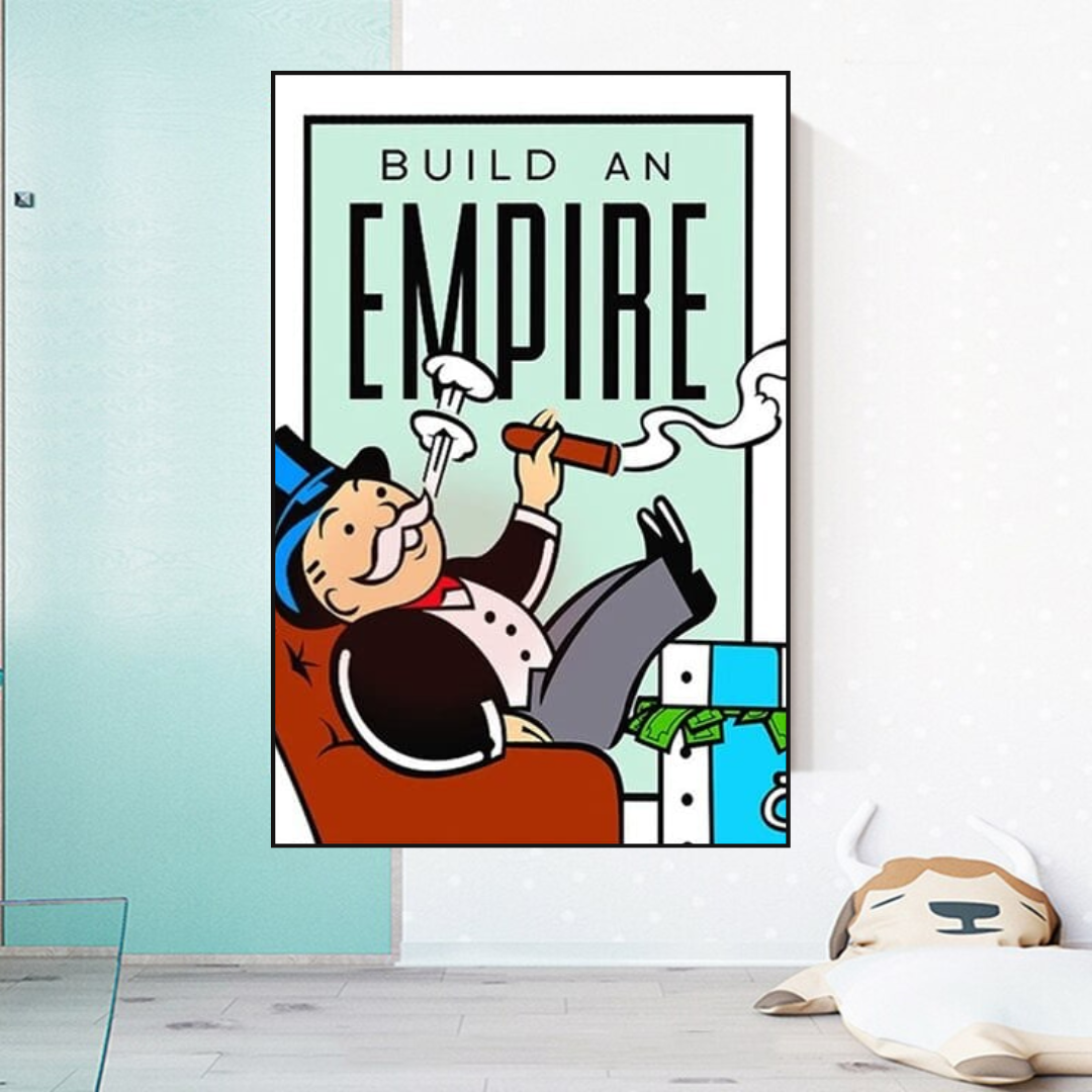 Leinwand-Wandkunst mit Monopoly-Karte „Build an Empire“.