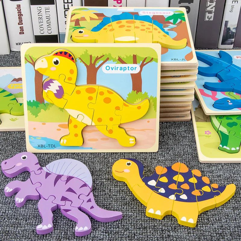 Puzzle 3D de dinosaure de dessin animé en bois Montessori pour bébé