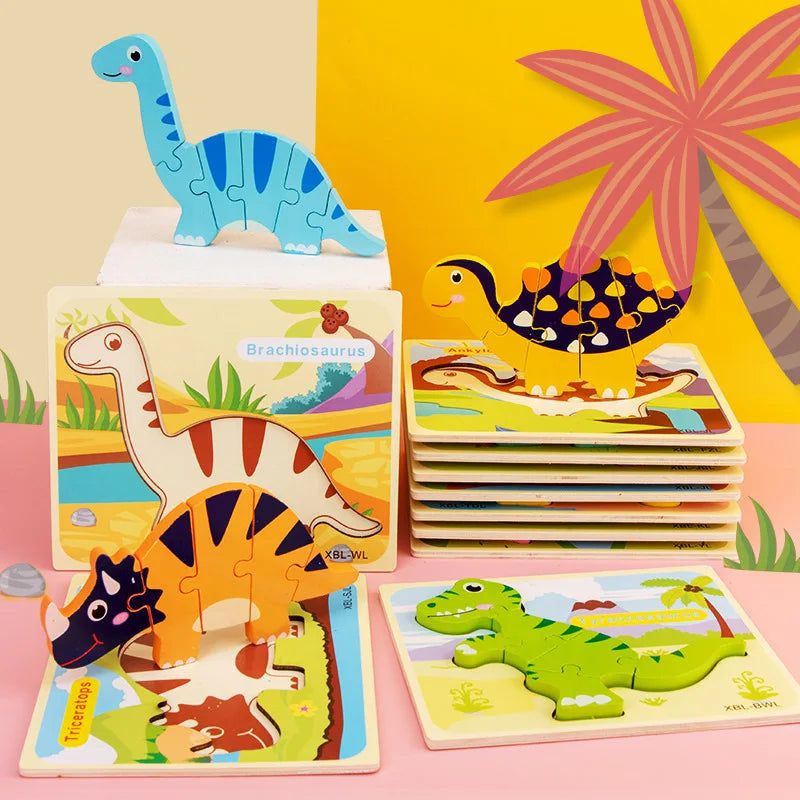 Montessori Baby Wooden Cartoon Dinosaur 3D Puzzle Jigsaw