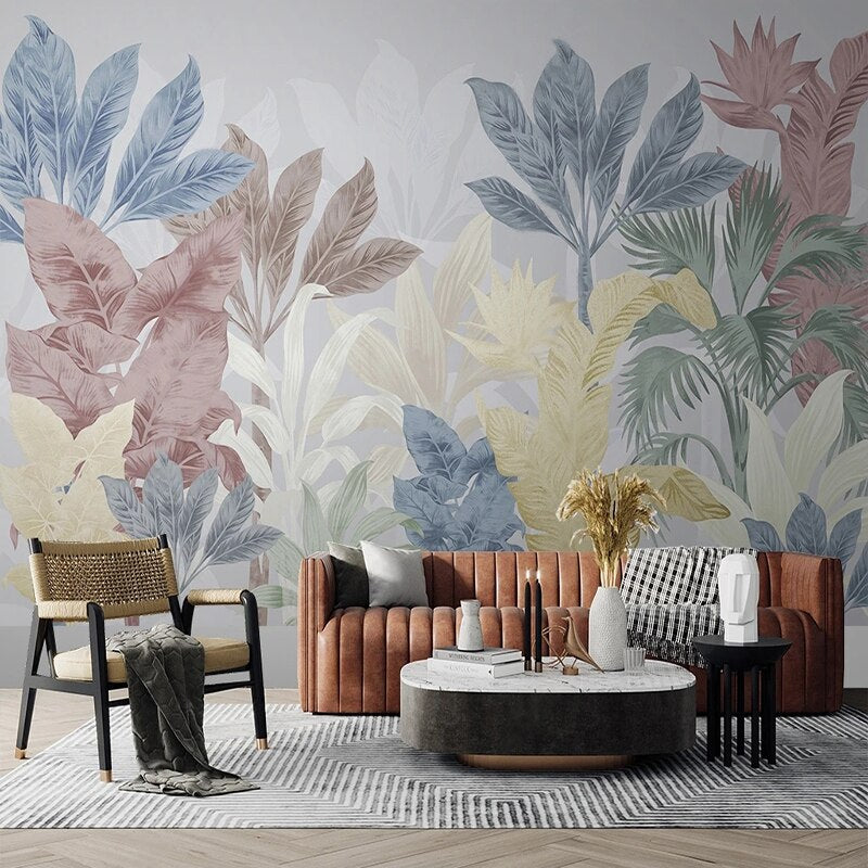 Mural de papel tapiz de hojas de plantas tropicales nórdicas