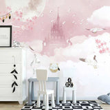 Pink Castle in Clouds Nursery Wallpaper