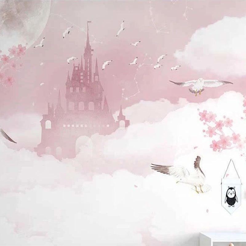 Pink Castle in Clouds Nursery Wallpaper