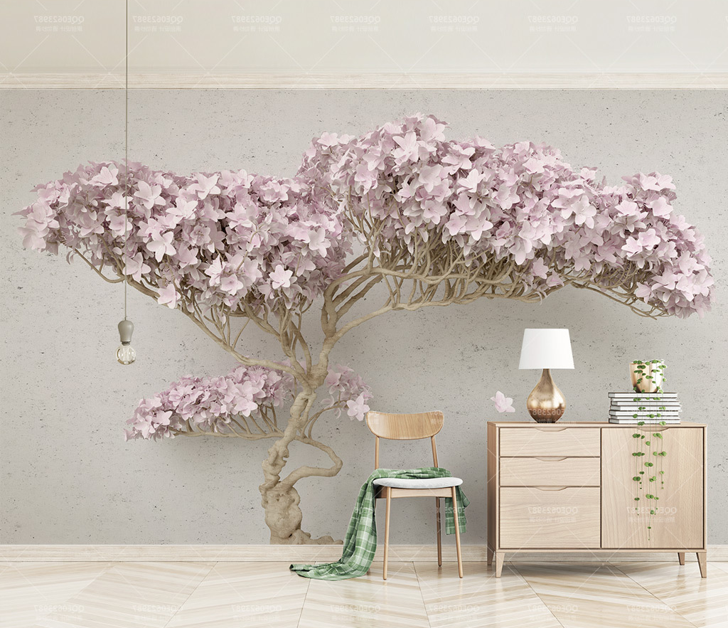 Pink Flowers Design Theme - 3D Tree Wallpaper Murals