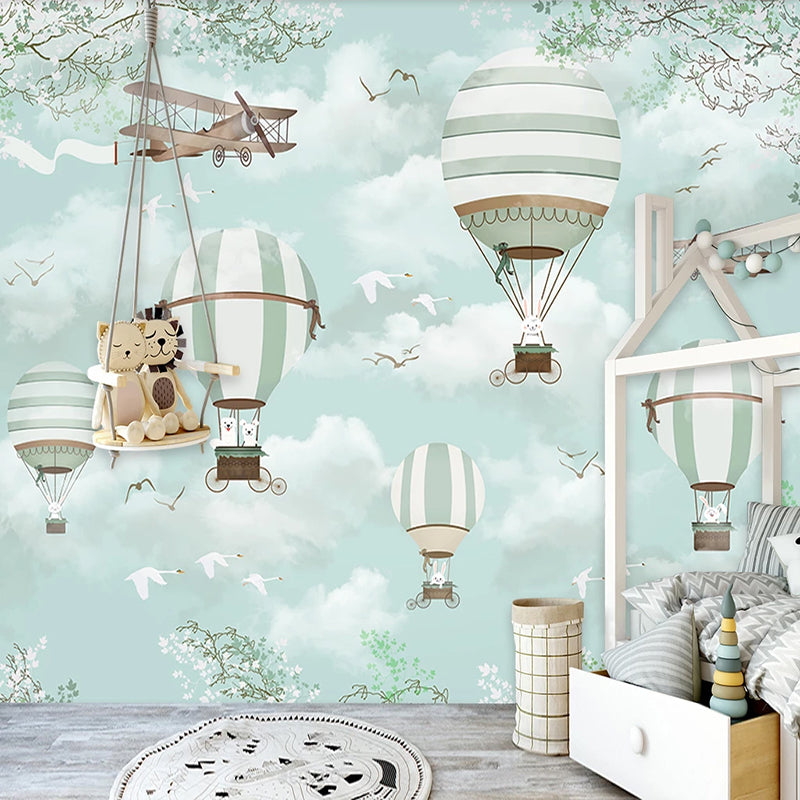 Polar Bears Flying on Air Balloons Nursery Wallpaper