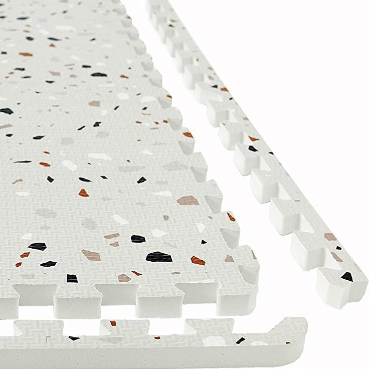 Puzzle Play Mat Tiles - White Terrazo Theme Stone Mosiac Design