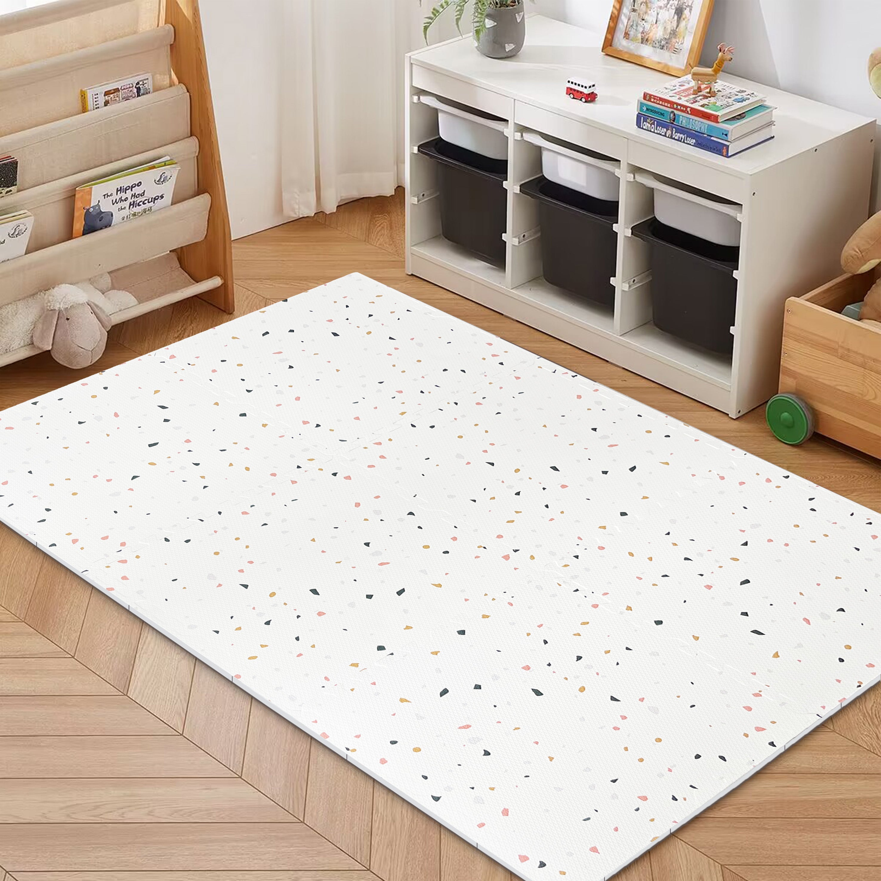 Puzzle Play Mat Tiles - White Terrazo Theme Stone Mosiac Design