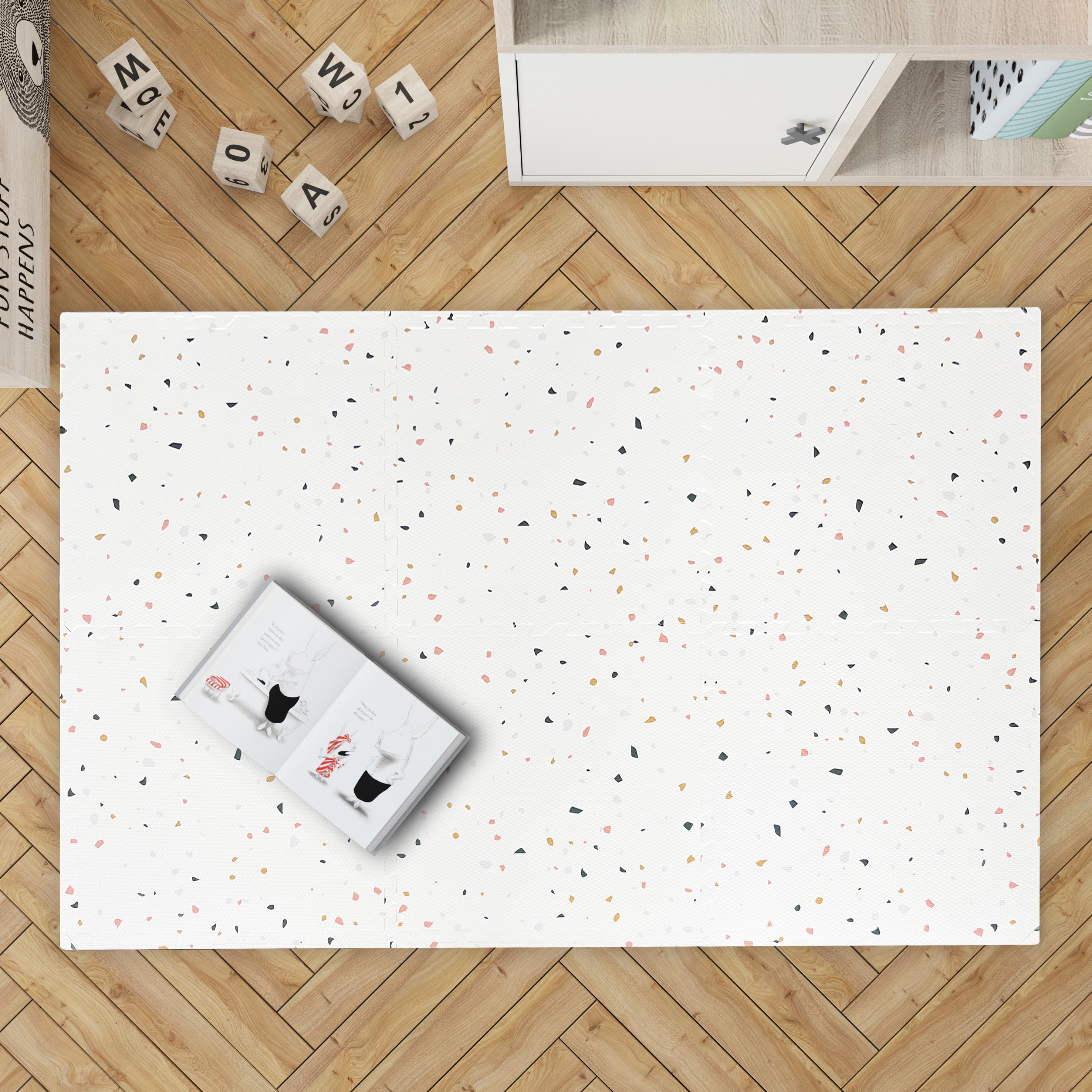 Puzzle Play Mat Tiles - White Terrazo Theme Stone Mosiac Design