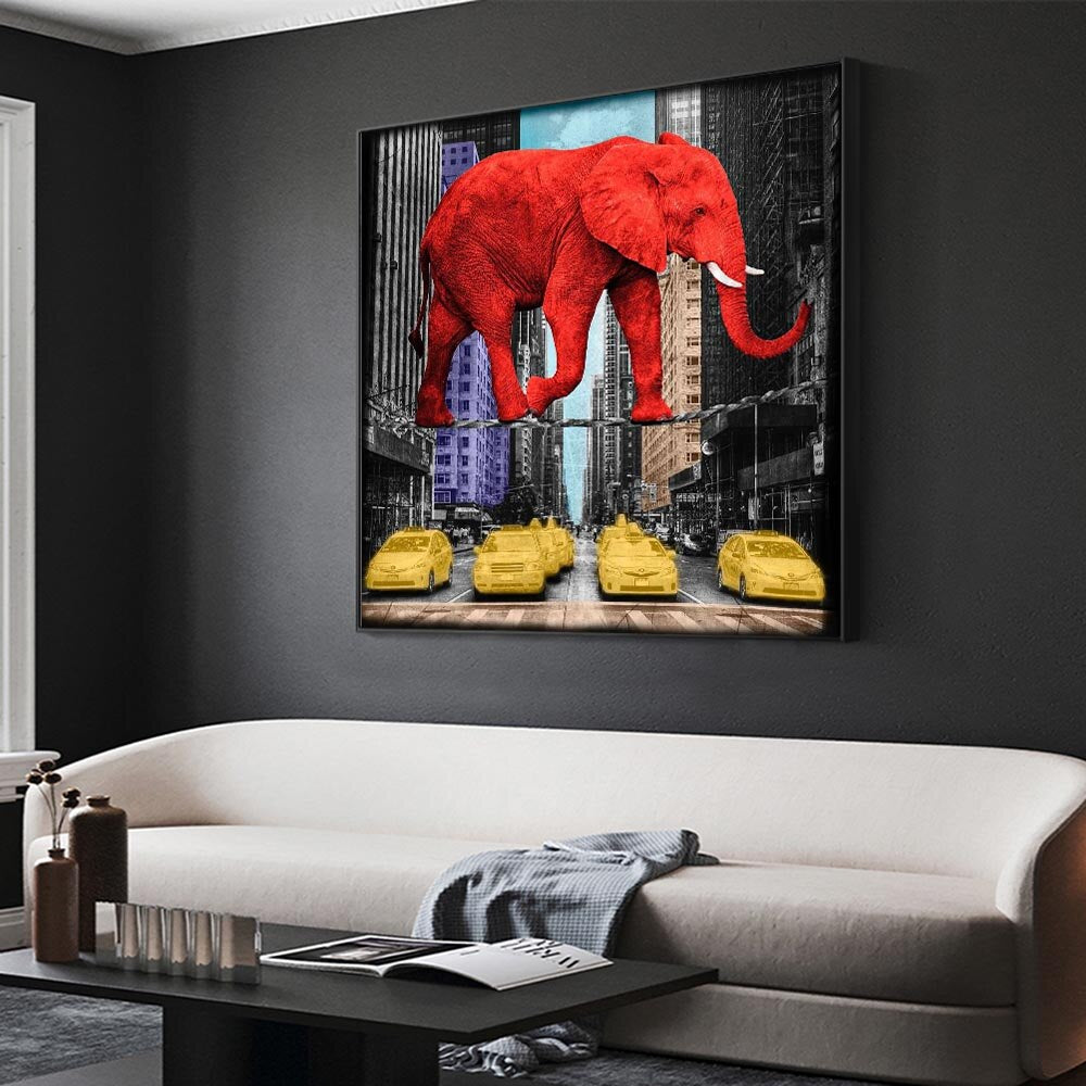 Art mural sur toile, animaux rouges, éléphant, rhinocéros rose