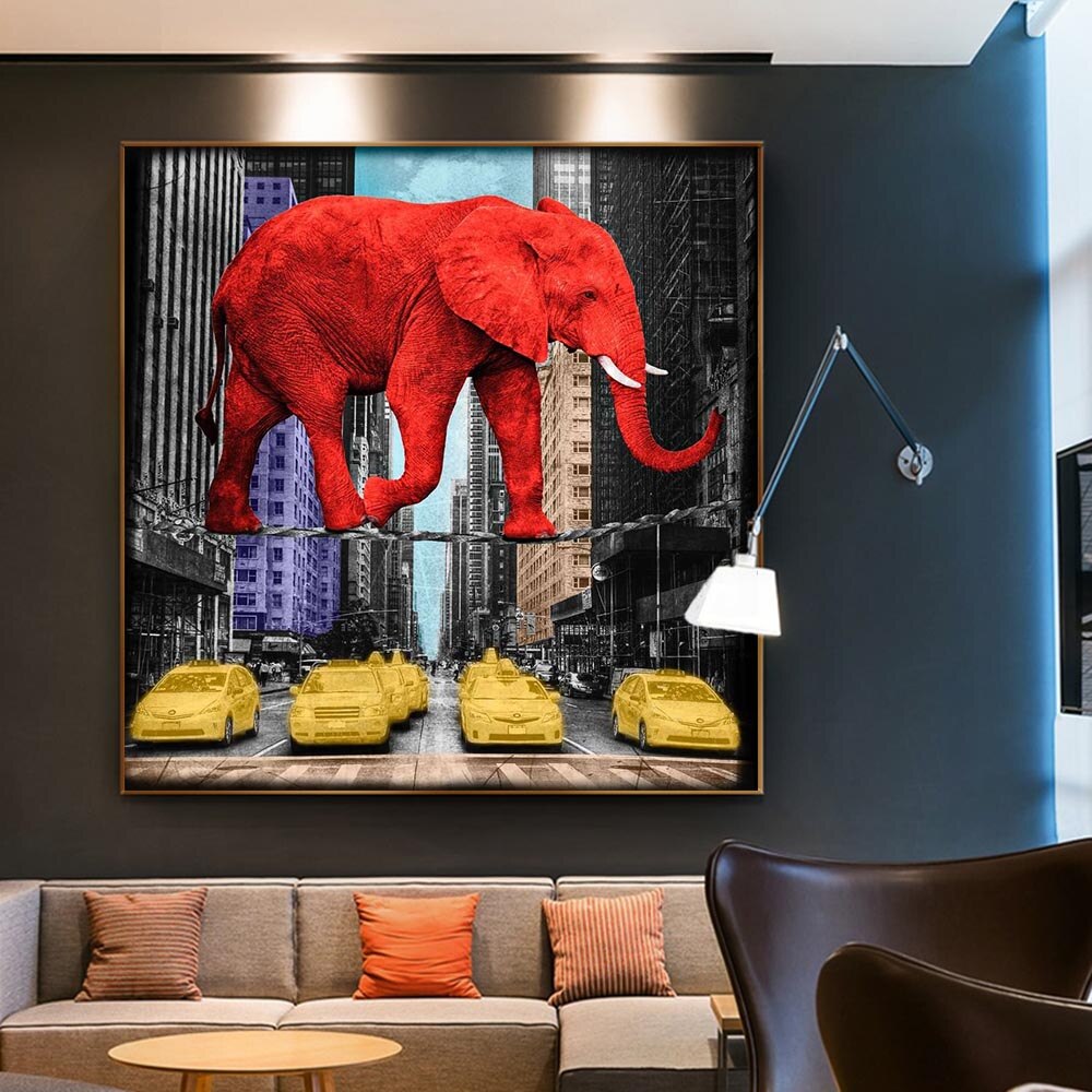 Rote Tiere, Elefant, rosa Nashorn, Leinwand-Wandkunst