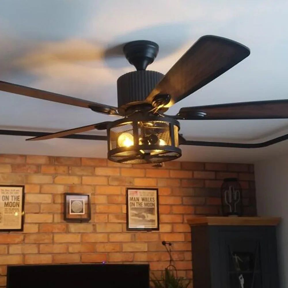 Retro Black Ceiling Fan Drum Style Wood Blades