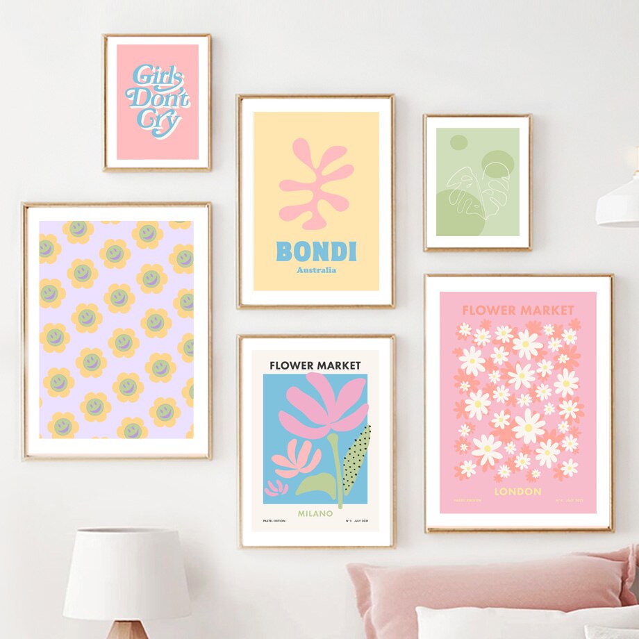 Retro Groovy Leaf Matisse Pastellrosa Drucke und Poster auf Leinwand und Wandkunst